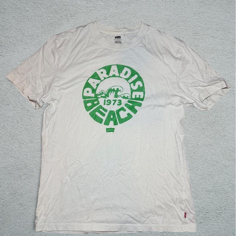 Levis Paradise Beach 1973 Graphic T-Shirt Mens Medium White Green Surf Tee